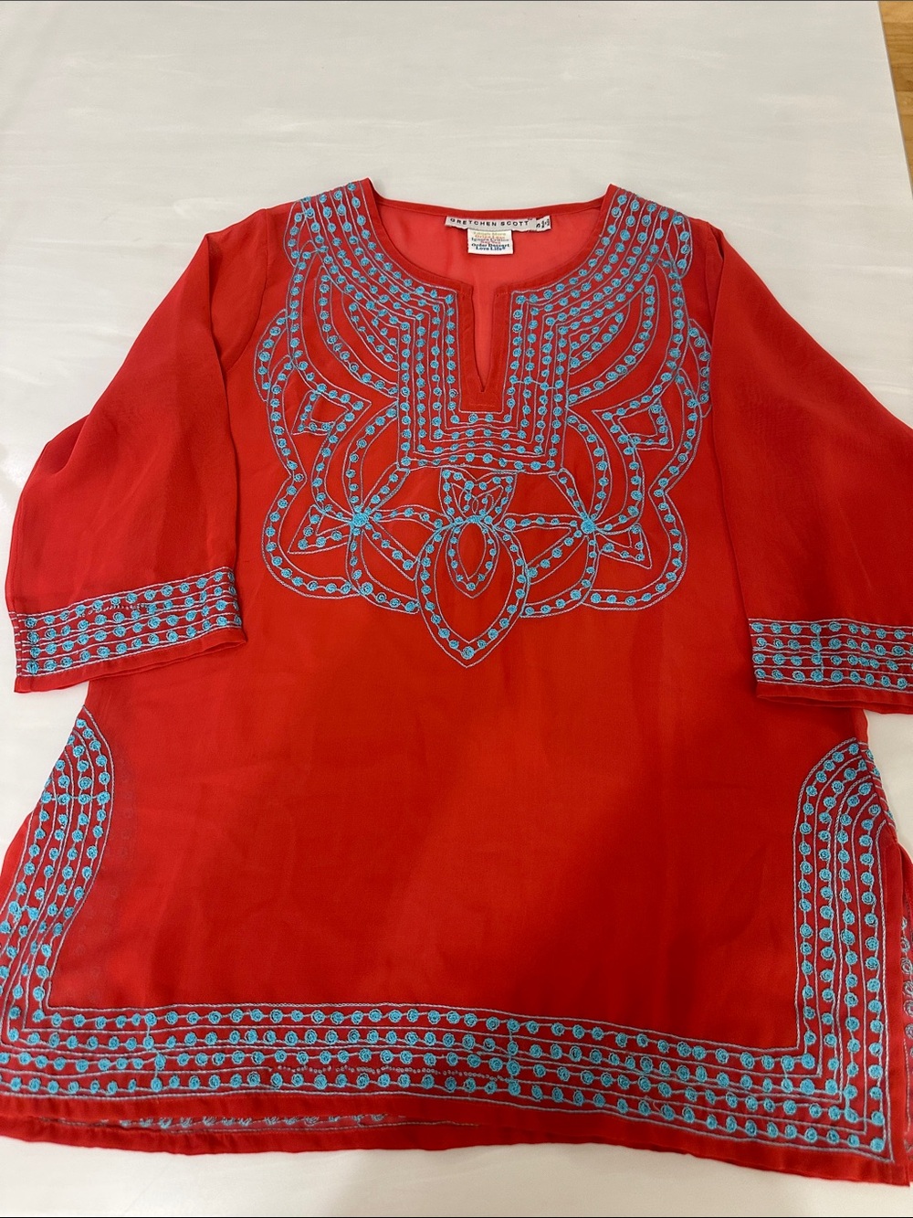Gretchen Scott Embroidered Tunic Top with Blue Accents SZ small